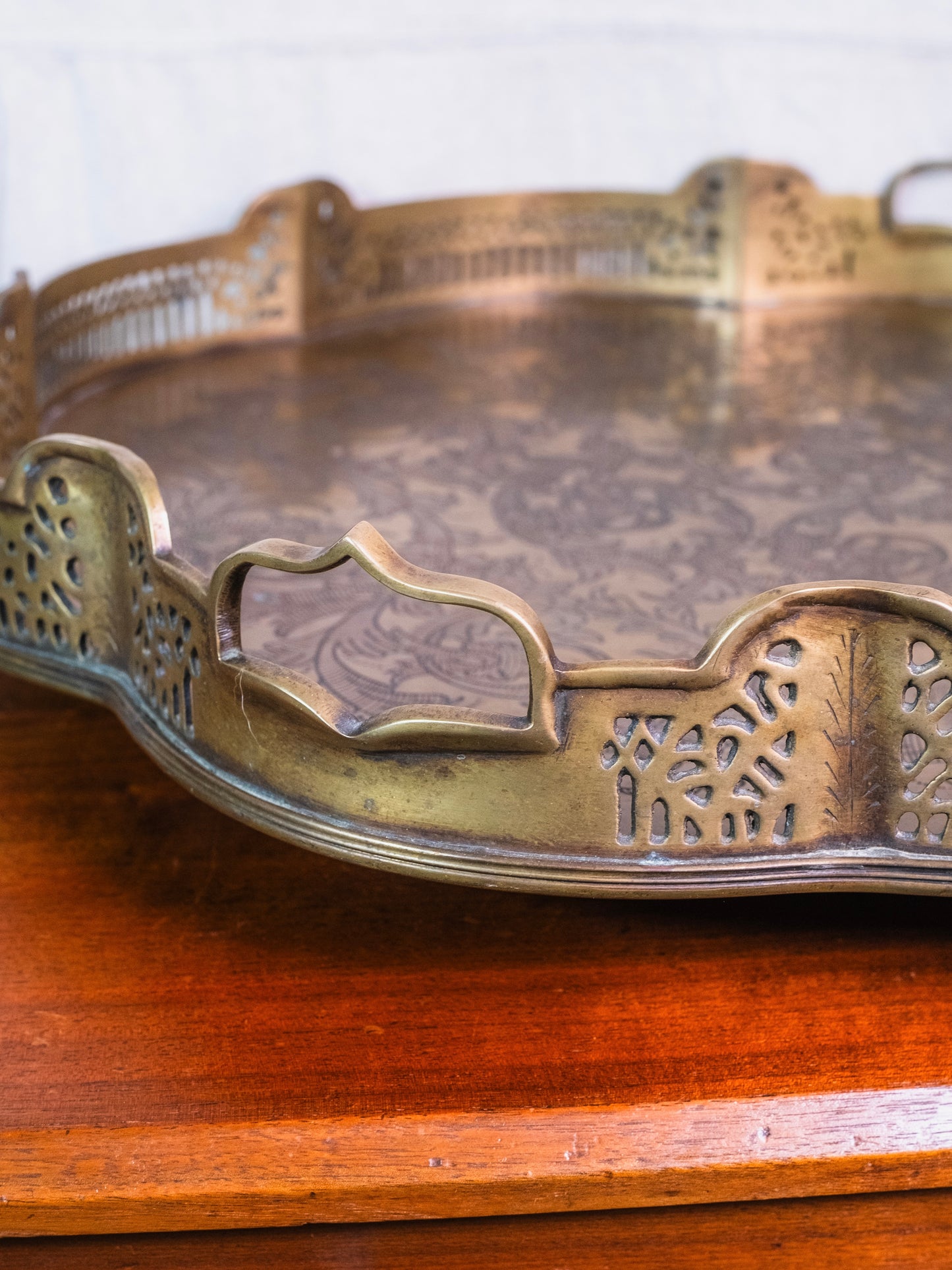 Vintage Large Solid Brass Etched Platter Tray