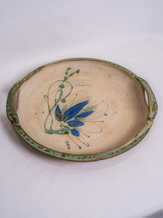 Vintage 1990s Handmade Signed Studio Pottery Lily Pattern Handled Dish
