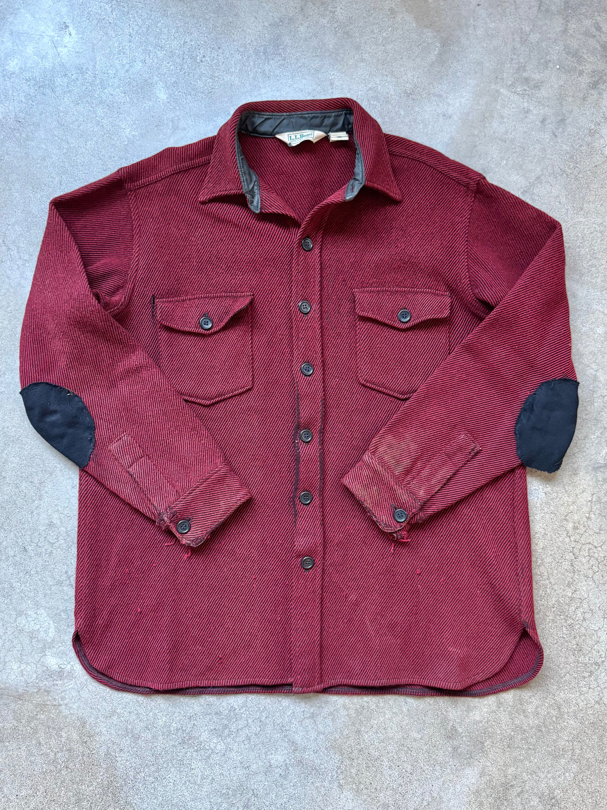 Vintage 1980s L.L. Bean Red & Black Woven Wool Elbow Patched Shirt Jacket | XL
