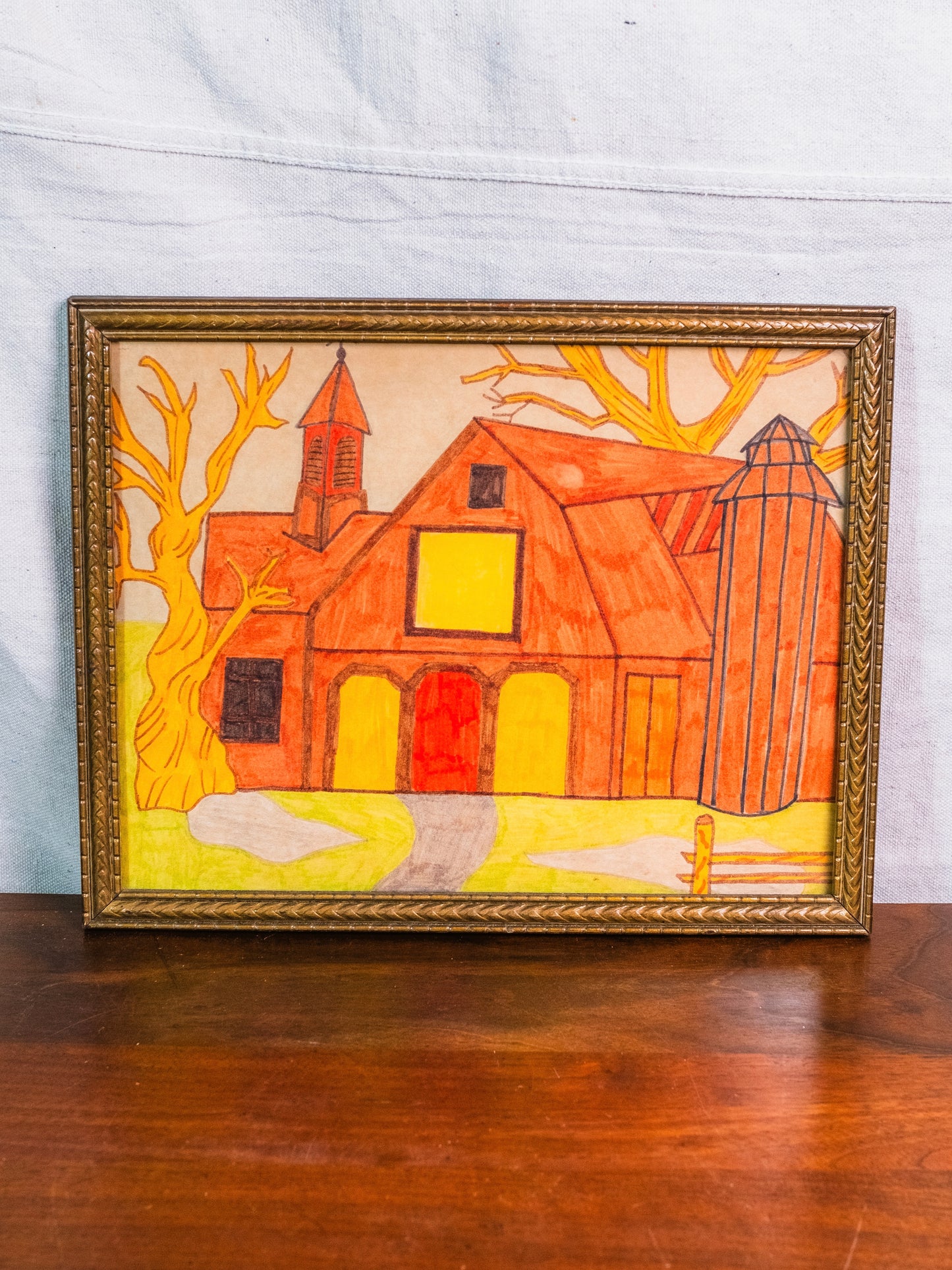Vintage 1950s Framed Original "Red Barn" Folk Art Drawing