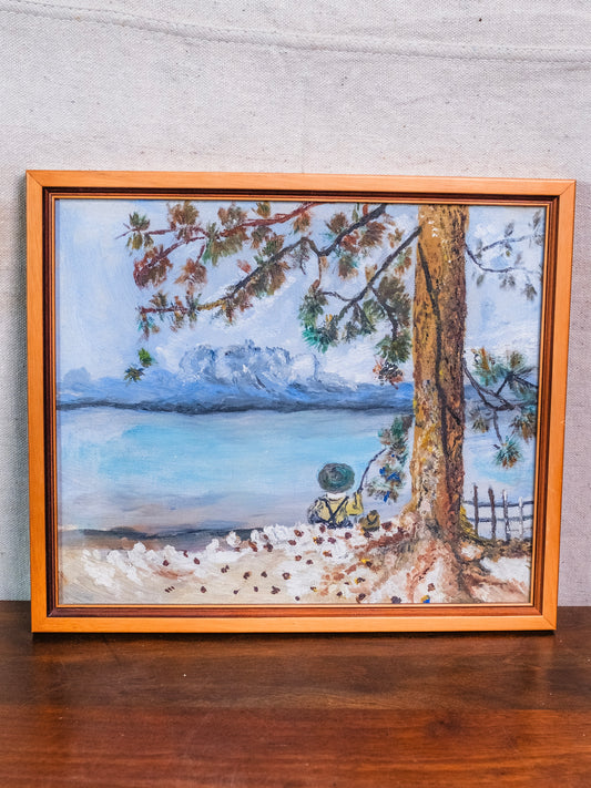 Vintage 1980s Framed “Boy on the Shore” Oil on Canvas Painting