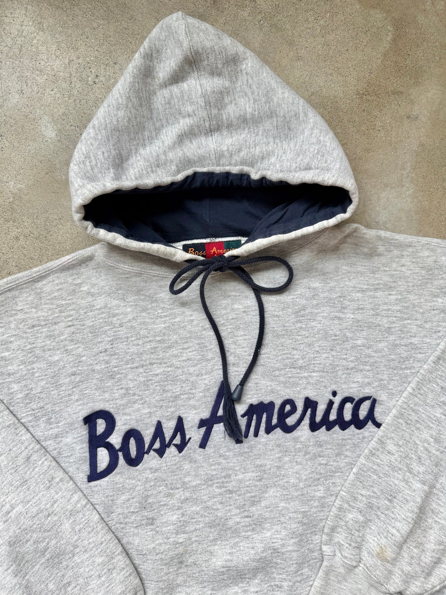 Vintage 1990s Boss America Grey & Navy Hoodie Sweatshirt | Medium