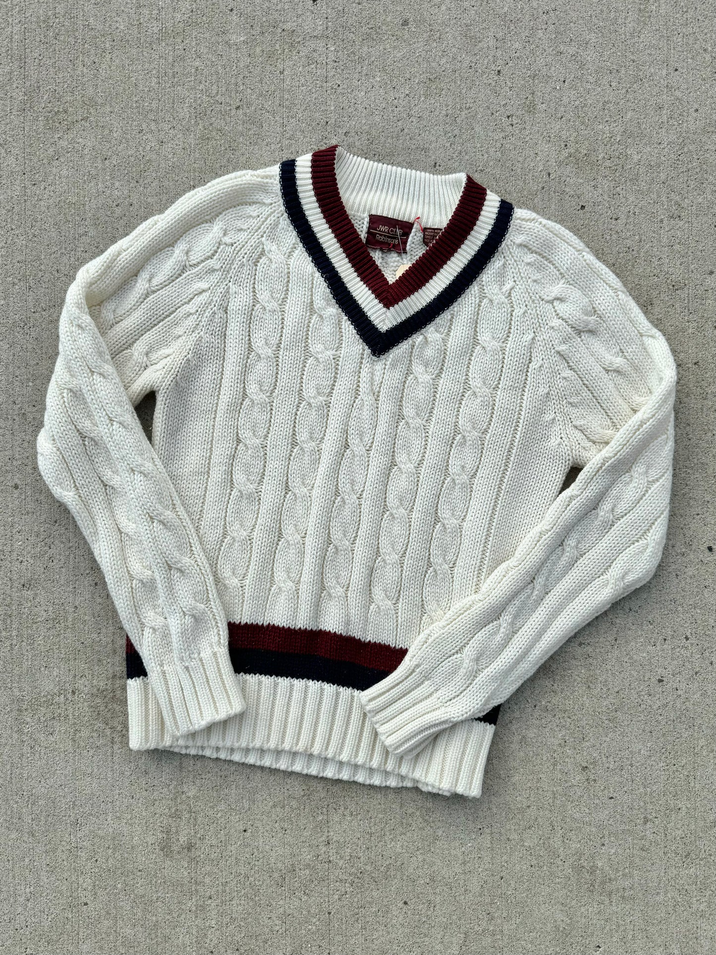 Vintage Robinson’s JWR Club V-Neck Cable Knit Sweater | Medium