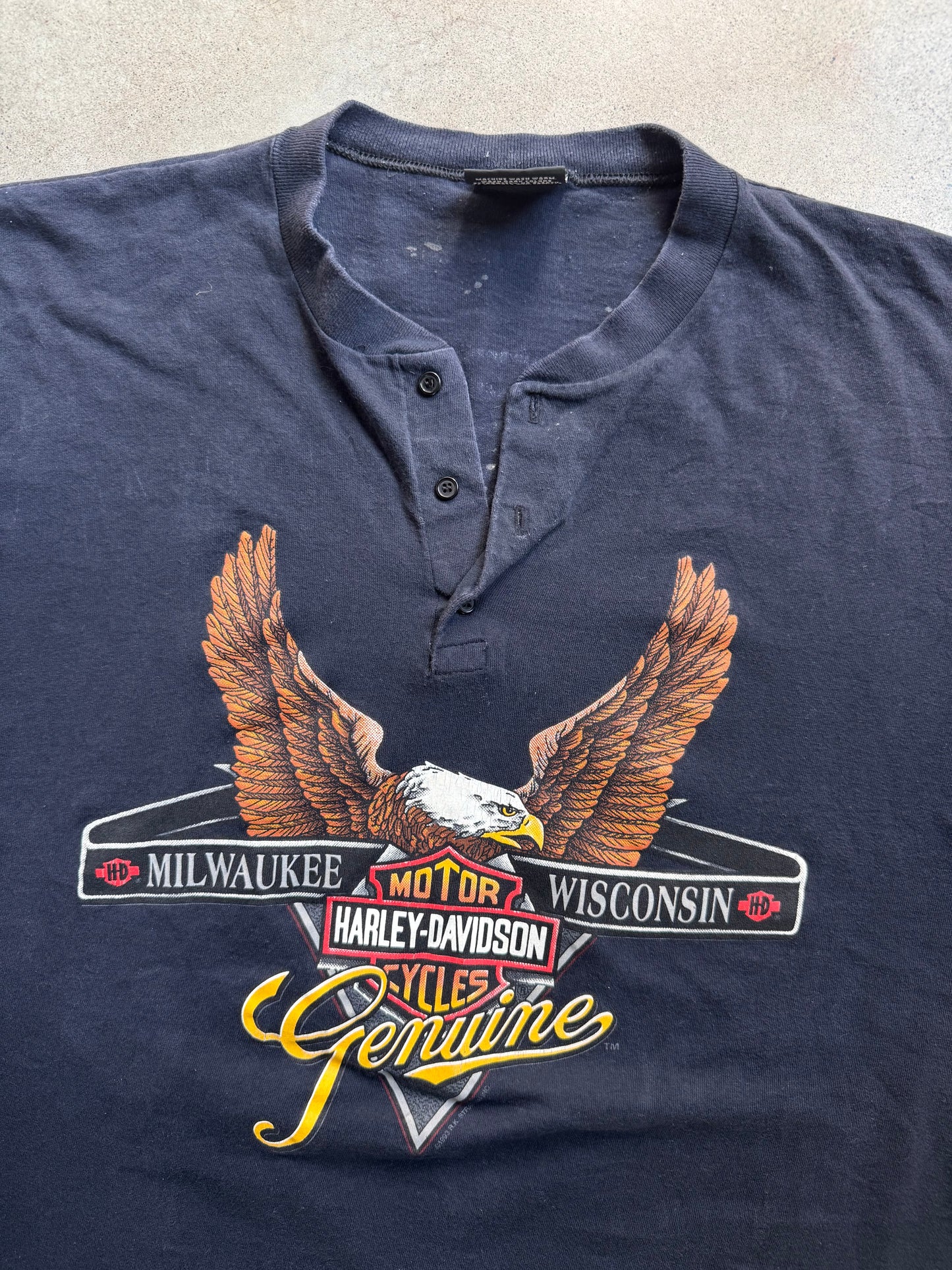 Vintage 1990s Harley Davidson Black Henley Graphic Tee | XXL