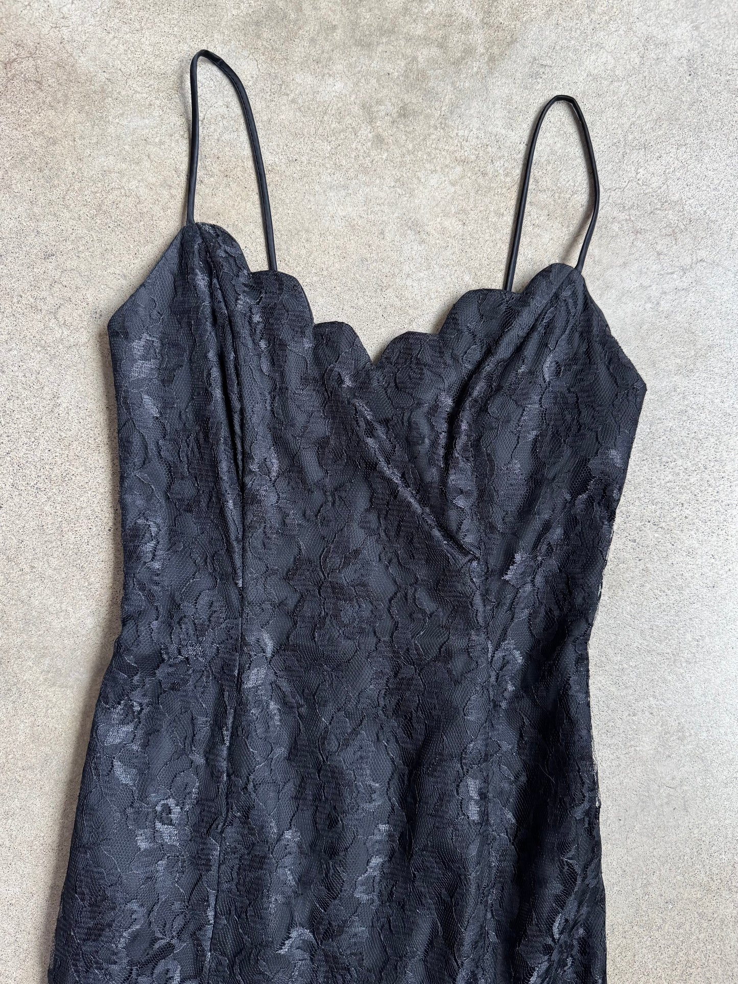 Vintage 1980s L.A. Glo Black Lace High-Slit Formal Dress | XS