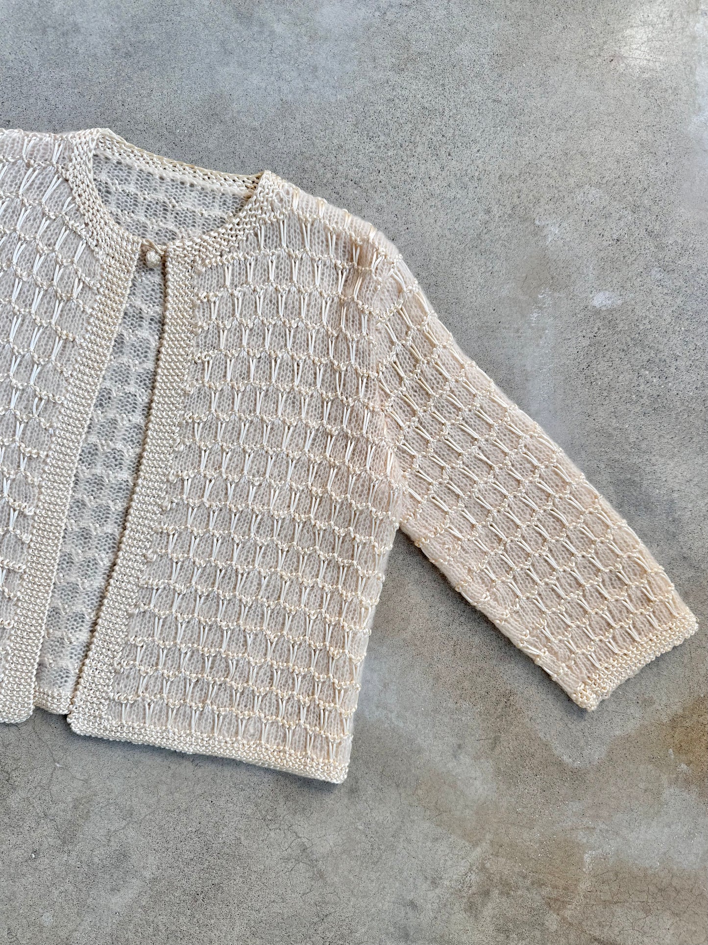 Vintage 1950s Cream Crochet Knit Cardigan | Medium