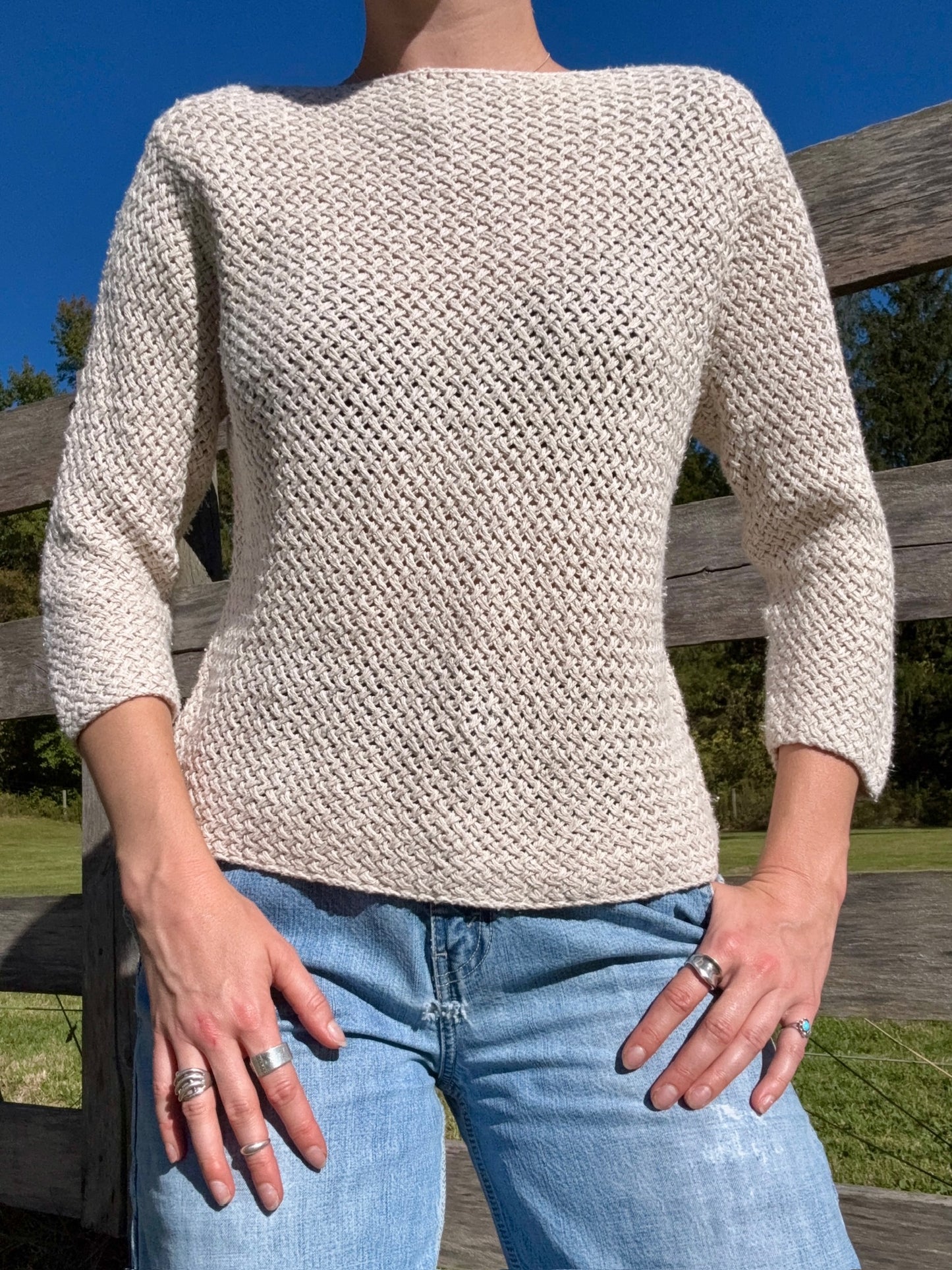 Vintage 1980s Beige Diagonal Basketweave Cotton Boatneck Sweater | S/M