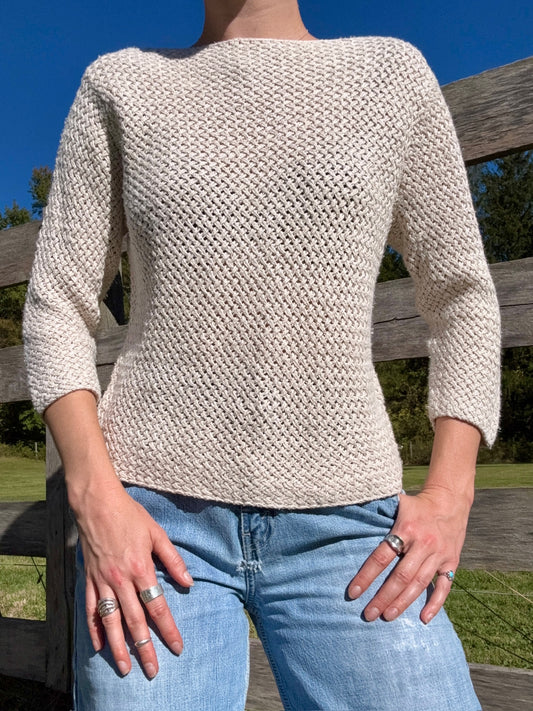 Vintage 1980s Beige Diagonal Basketweave Cotton Boatneck Sweater | S/M