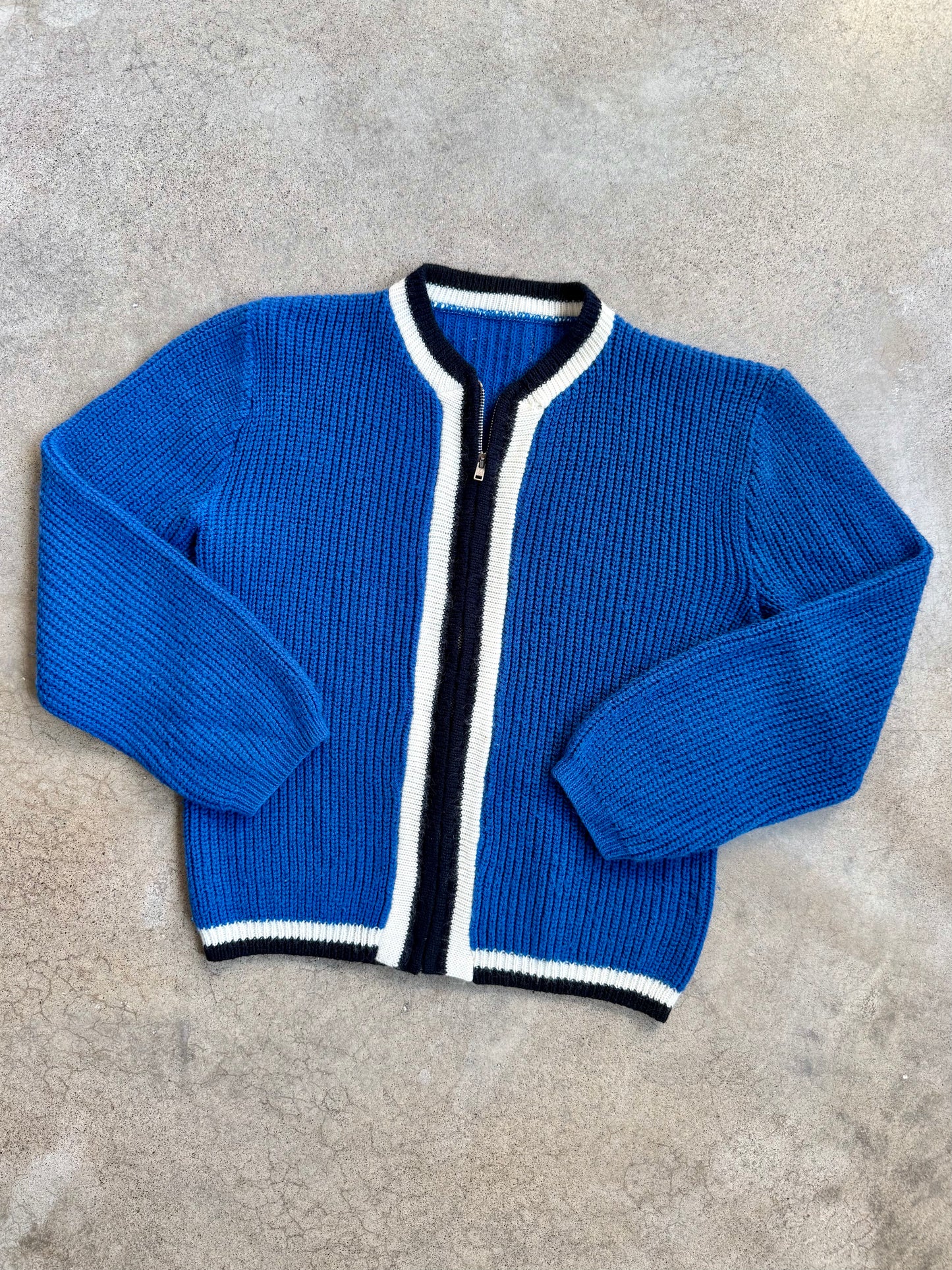 Vintage 1960s Blue Striped Trim Knit Zip-Up Sweater Jacket | S/M
