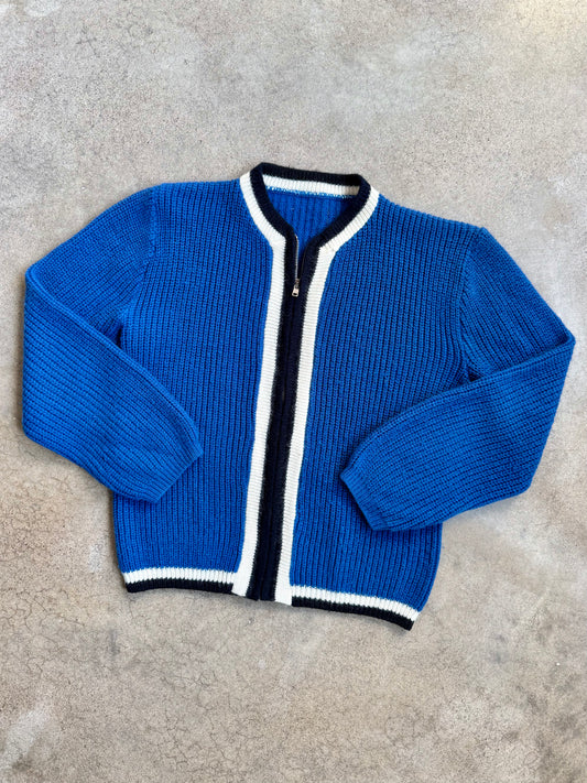 Vintage 1960s Blue Striped Trim Knit Zip-Up Sweater Jacket | S/M