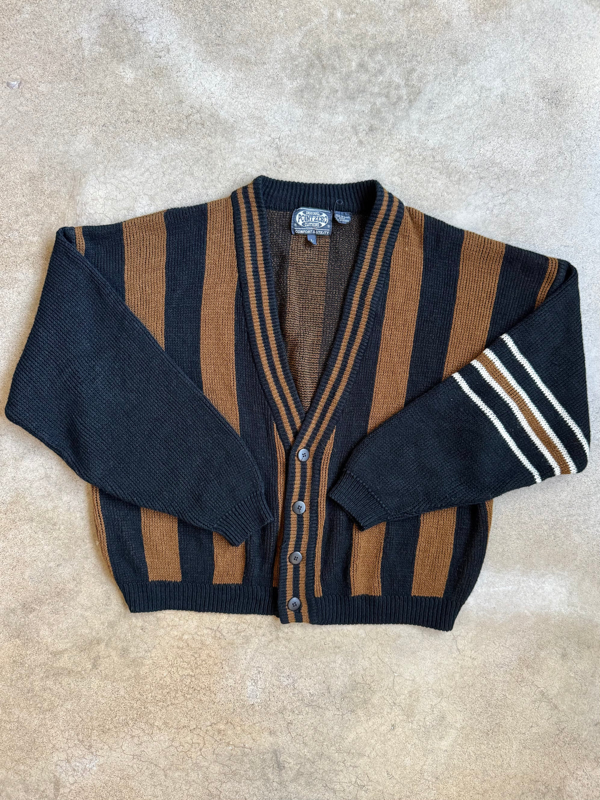 Vintage 1990s Point Zero Brown & Black Striped Cardigan | Large
