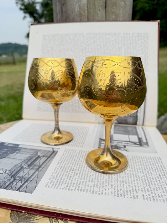 Vintage Gold Plated Sterling Silver Etched Goblets | Set of 2