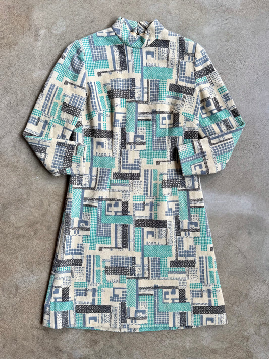 Vintage 1960s Mod Geometric Pattern High-Neck Long Sleeve Wool Dress | Medium