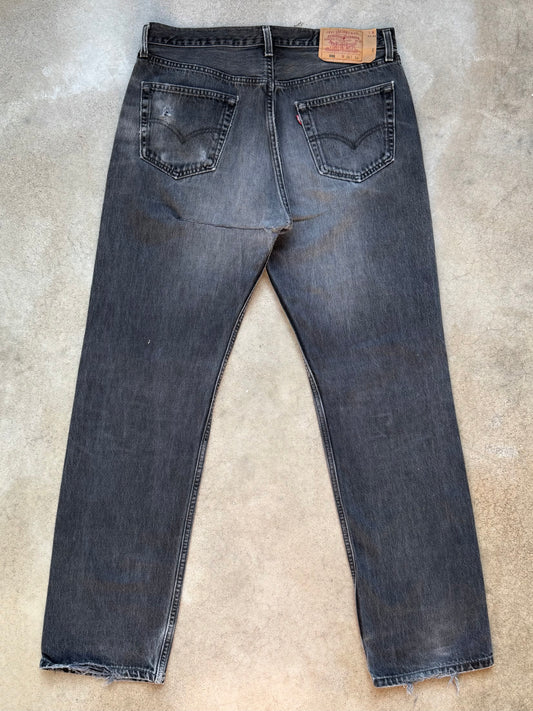 Vintage 1990s Levi’s 501 Washed Black Distressed Straight Leg Jeans | 36x34