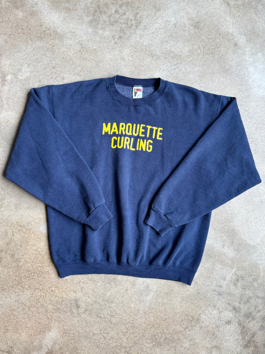 Vintage 1990s Navy Blue Marquette Curling Crewneck Sweatshirt | XL