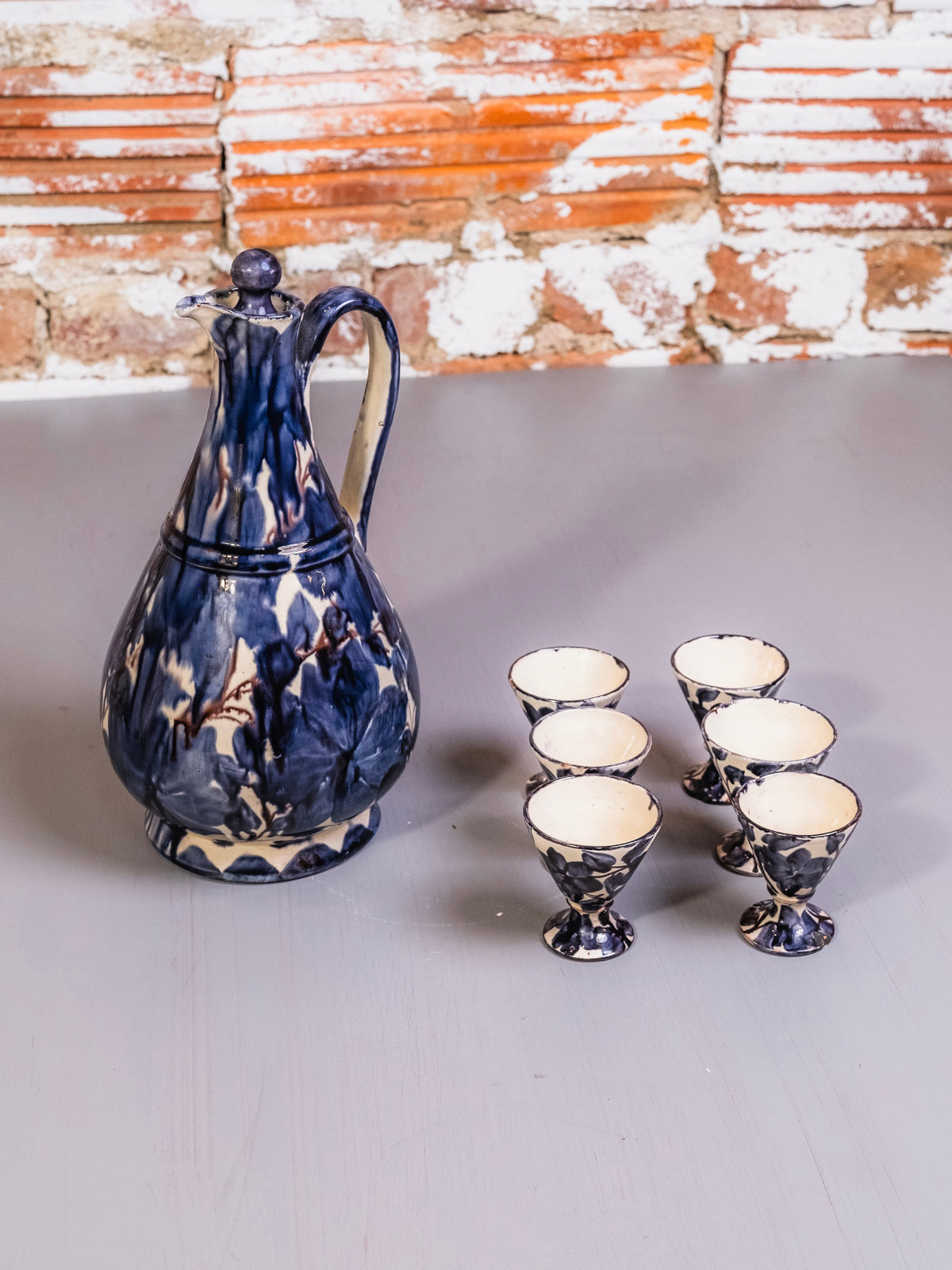 Vintage Oaxaca Mexican Chorreada Pottery Pitcher & Goblets Set