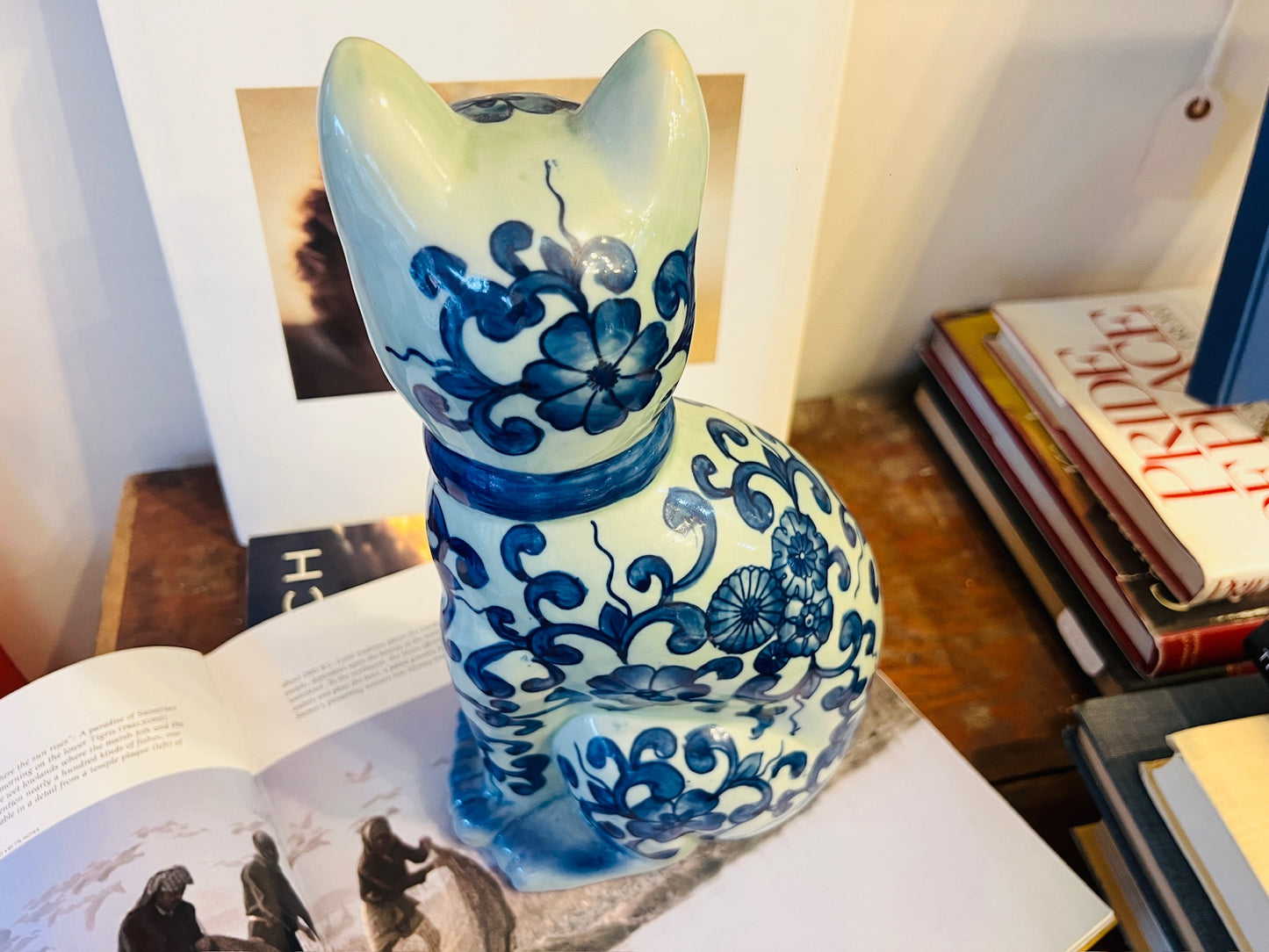 Vintage Blue Ceramic Asian Cat Statue