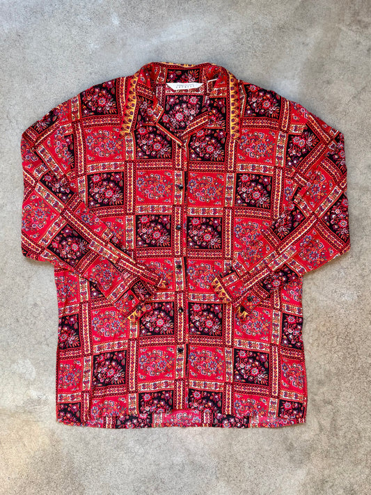 Vintage 1990s Express Bohemian Floral Patchwork Print Blouse | Small