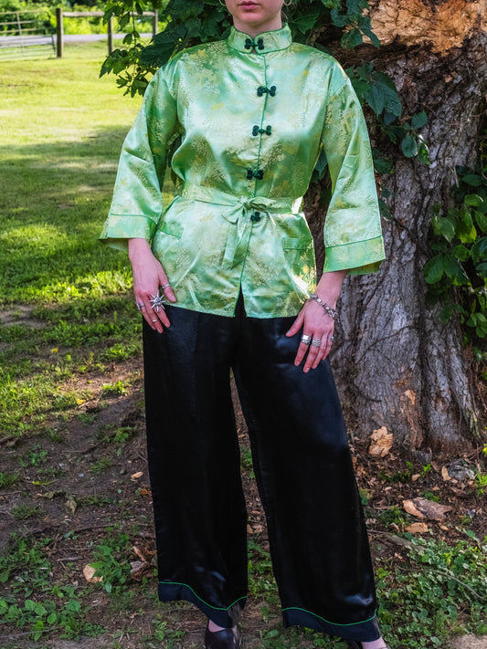 Vintage 1950s Chinese Tang Jade Green & Black Silk Two-Piece Outfit | Medium