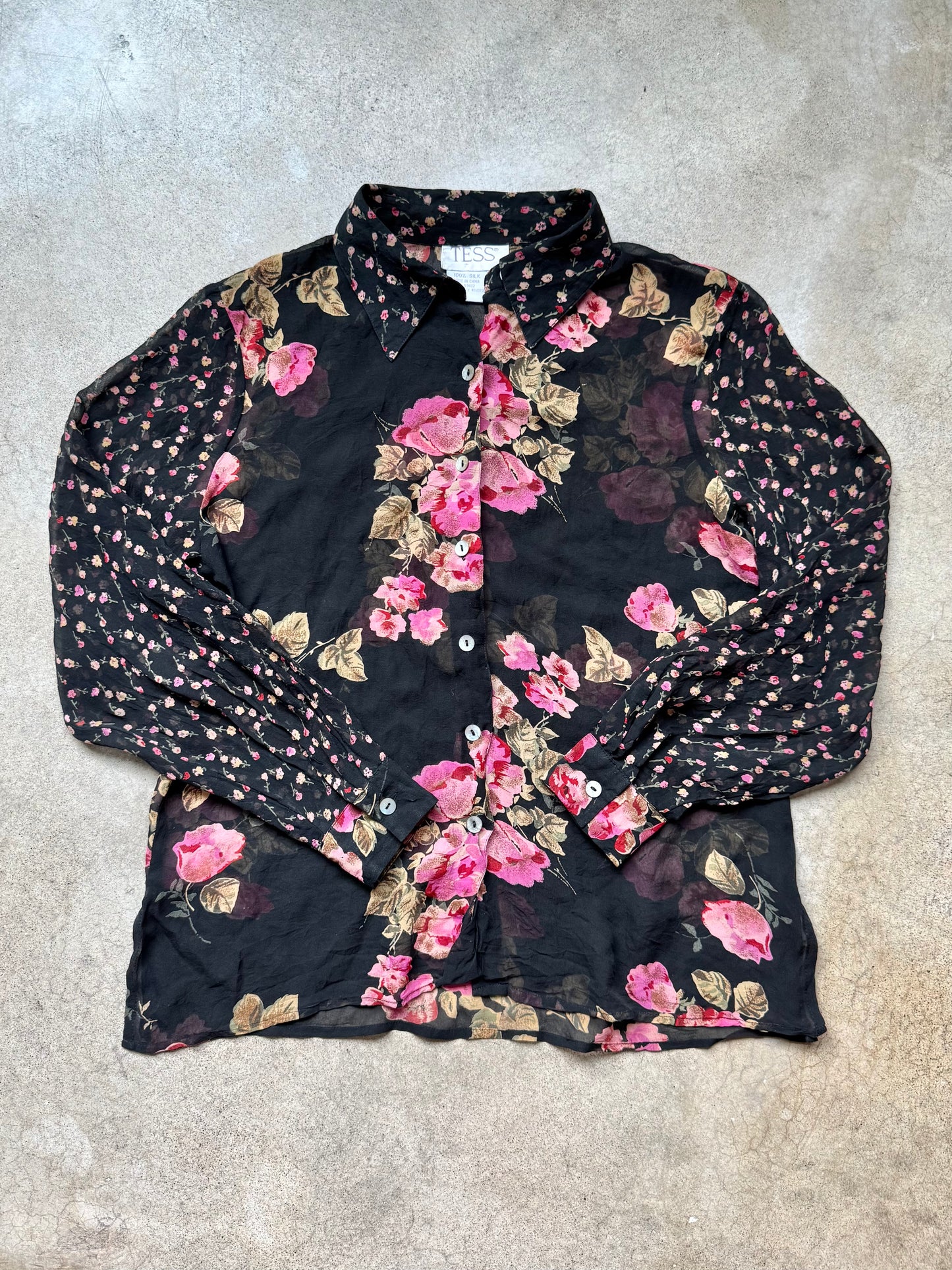 Vintage 1990s Tess Multi Floral Print 100% Silk Sheer Blouse | Large