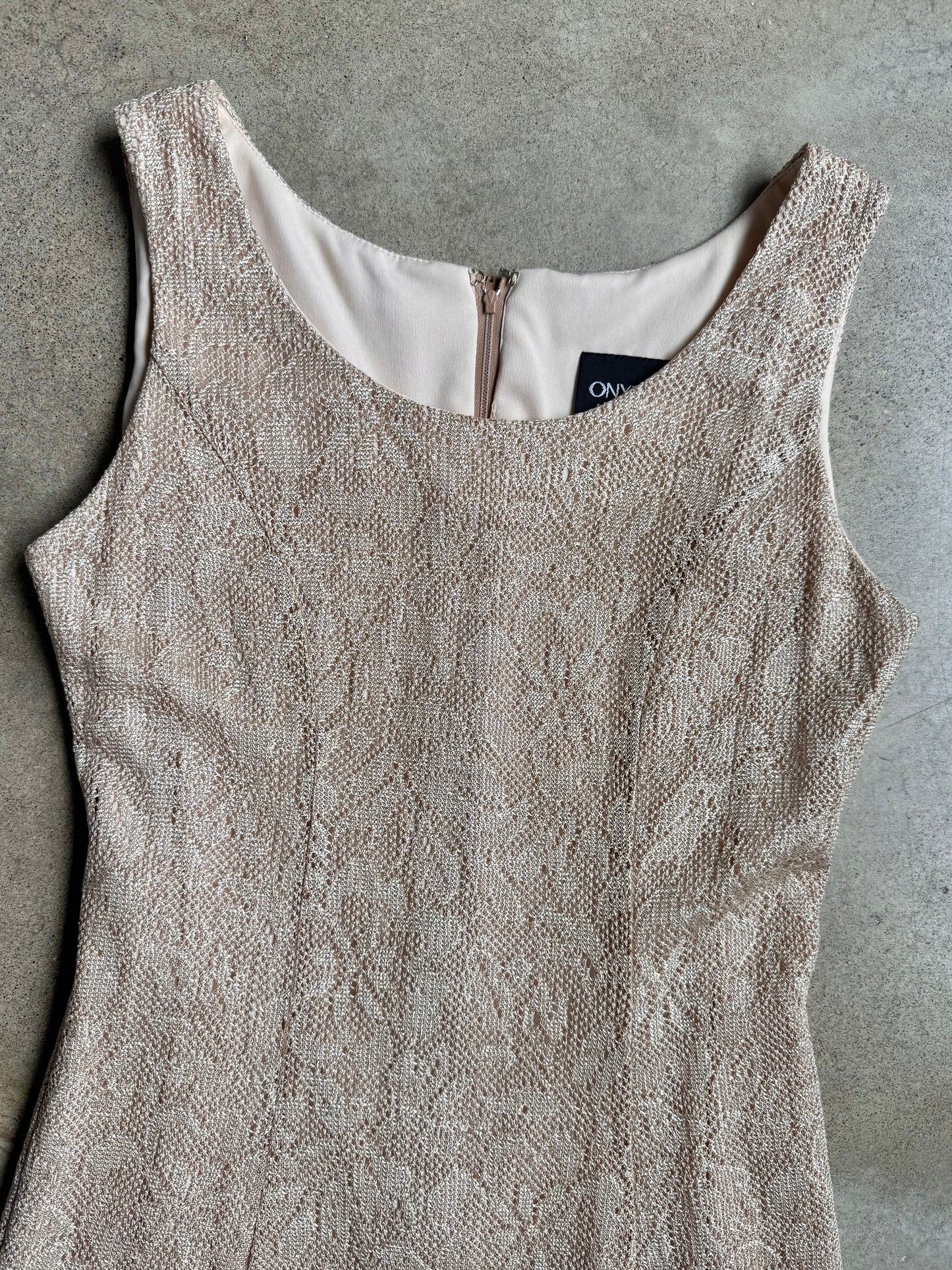 Vintage 1990s Onyx Nite Cream & Gold Metallic Crochet Dress | Medium