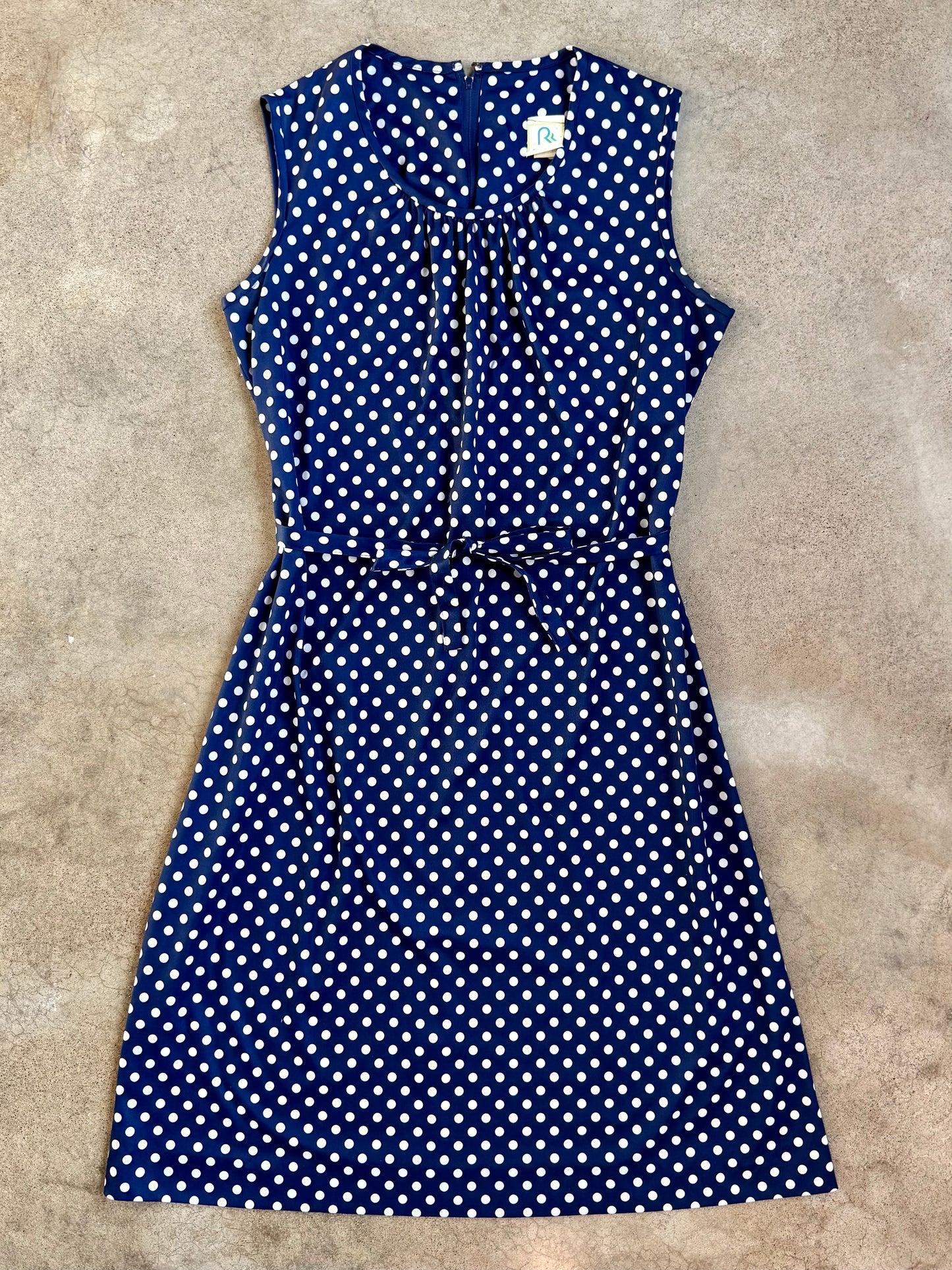 Vintage 1970s Three R’s Navy & White Polka Dot Tie-Waist Dress | Large