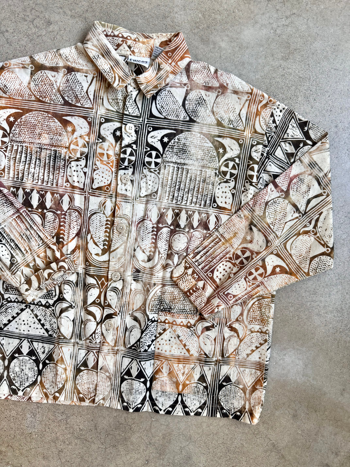 Vintage 1990s Chicos Design Tribal Block Print Cotton Shirt Jacket | Medium