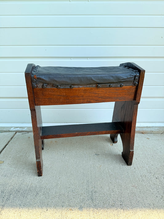 Antique 1920s Arts & Crafts Style Oak & Leather Stool
