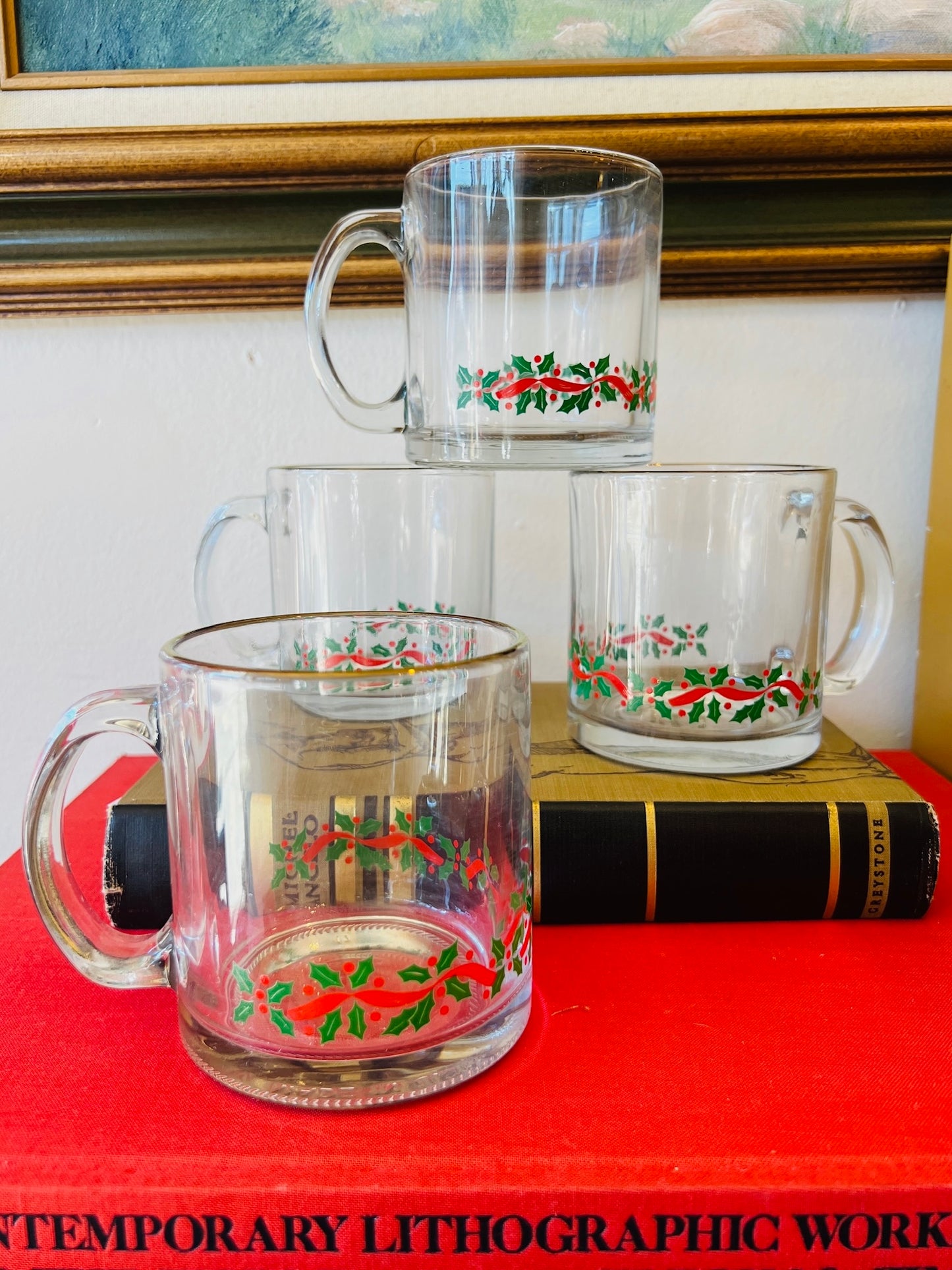 Vintage 1980s Christmas Holly Gold Rim Glass Mugs | Set of 4