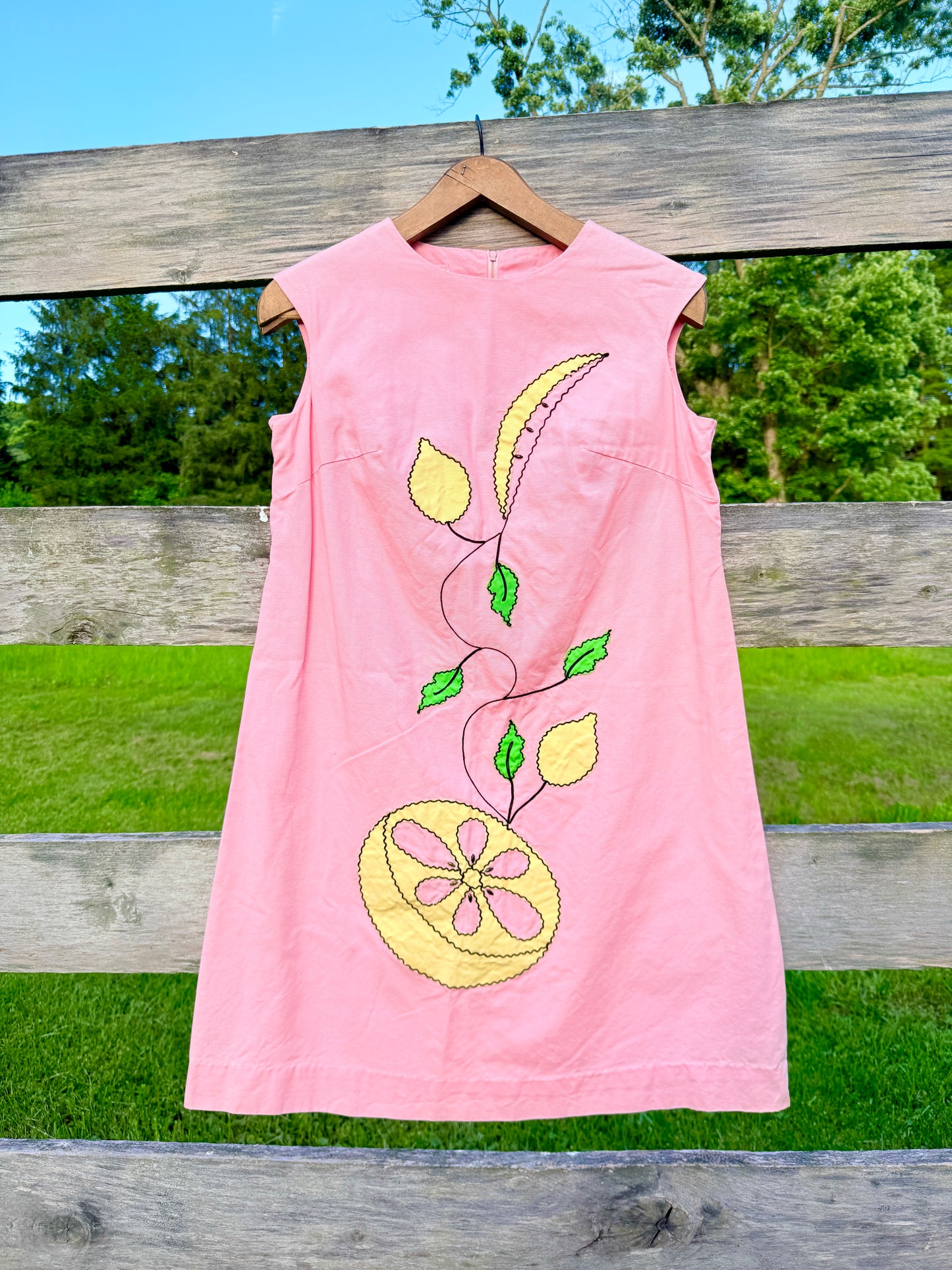 Vintage 1960s Phil Jacobs Pink Fruit Embroidered Shift Dress | Medium