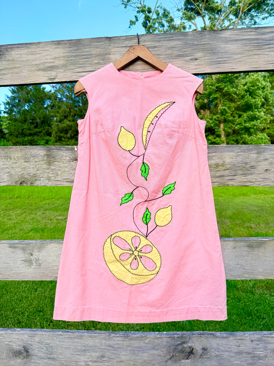 Vintage 1960s Phil Jacobs Pink Fruit Embroidered Shift Dress | Medium