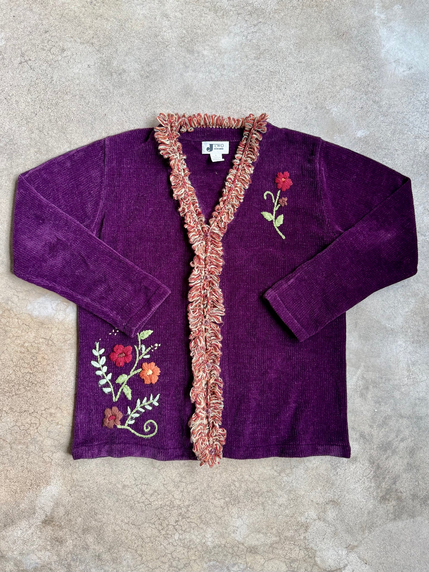 Vintage 1990s J-Two Purple Chenille Knit Floral Embroidered Cardigan | Large