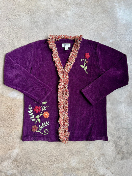 Vintage 1990s J-Two Purple Chenille Knit Floral Embroidered Cardigan | Large