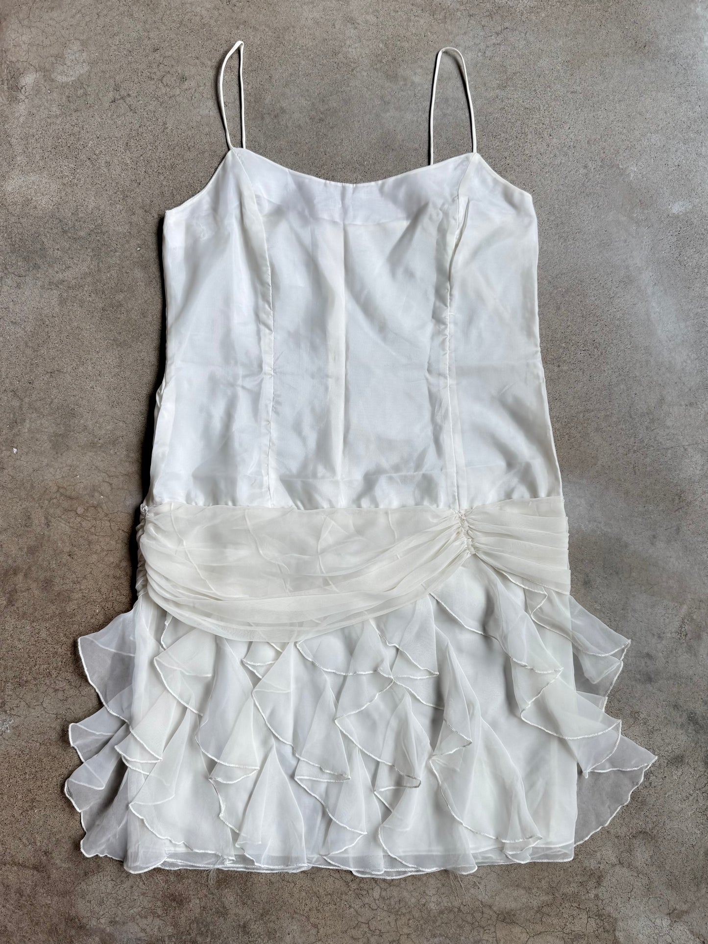 Vintage 1990s After Dark White Chiffon Ruffled Cocktail Dress | Large