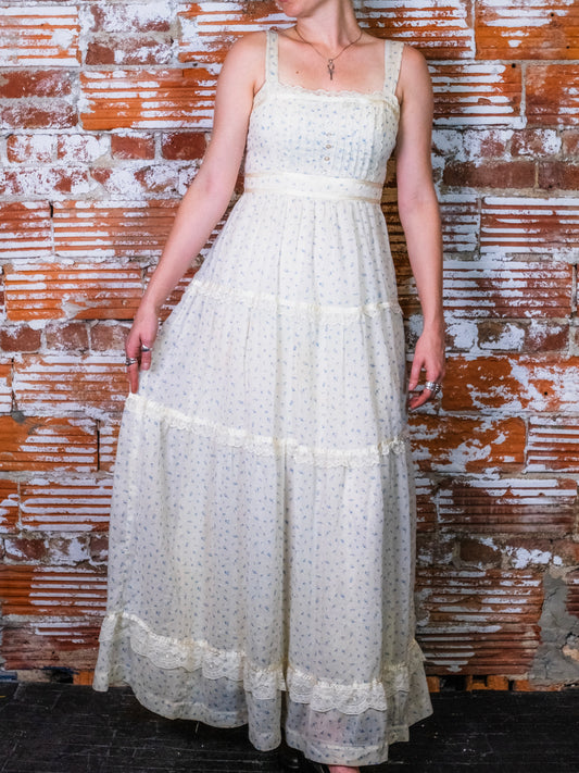 Vintage 1970s Gunne-Style Ditsy Floral Tiered Lace Trim Prairie Maxi Dress | Small