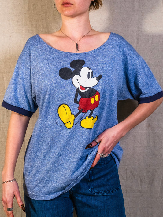 Vintage 1970s Blue Mickey Mouse Graphic Reworked Wide Neck Tee | XL