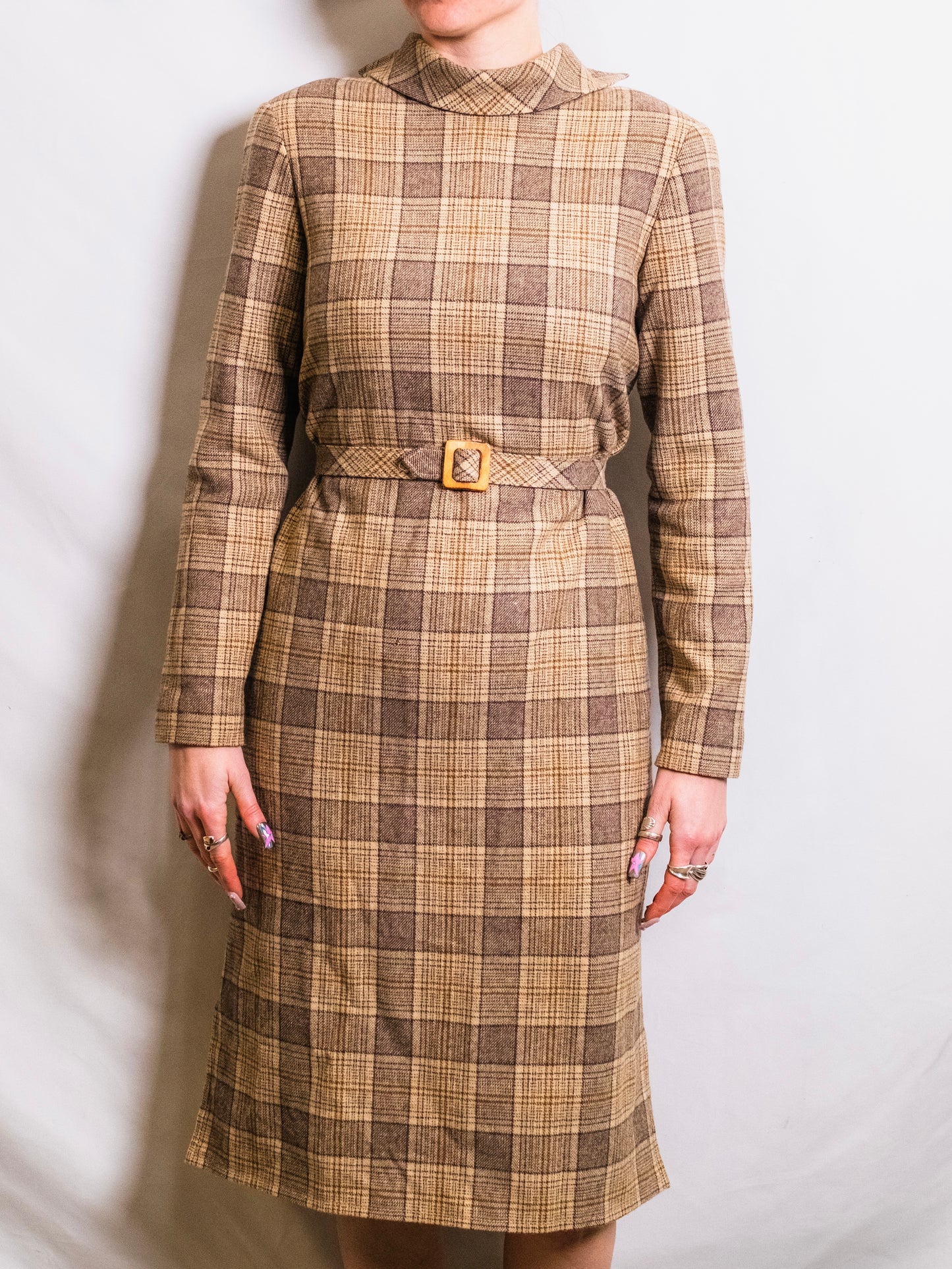 Vintage 1960s Pendleton Brown-Tone Plaid Wool High-Neck Belted Dress | Small