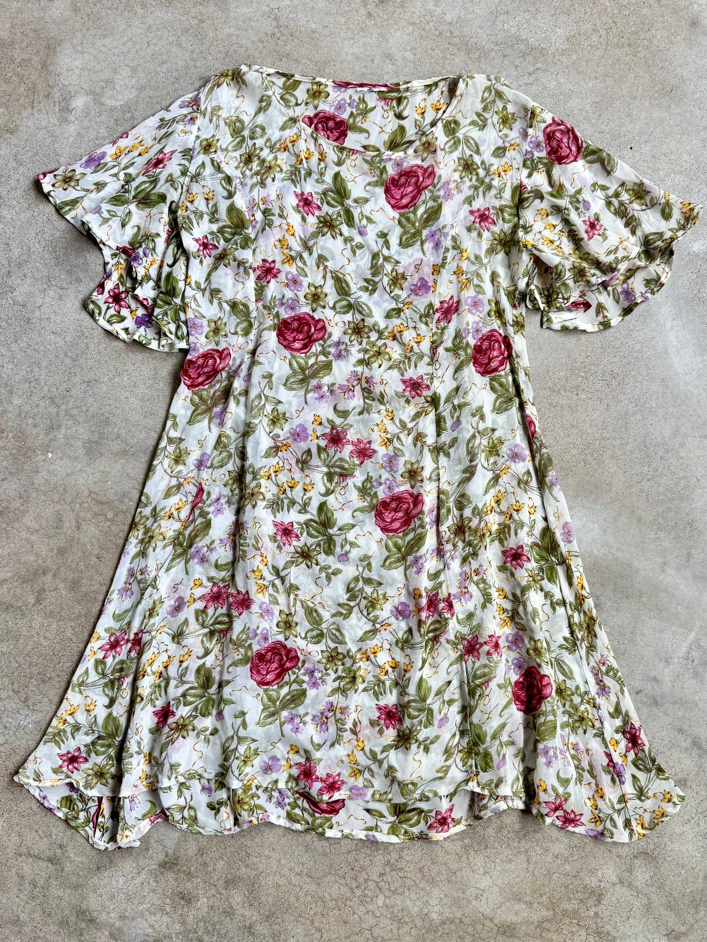 Vintage 1980s Sheer Floral Print Tie-Back Flutter Sleeve Summer Dress | M/L