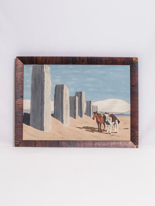 Vintage 1940s Framed "Horses & Ruins" Oil Painting