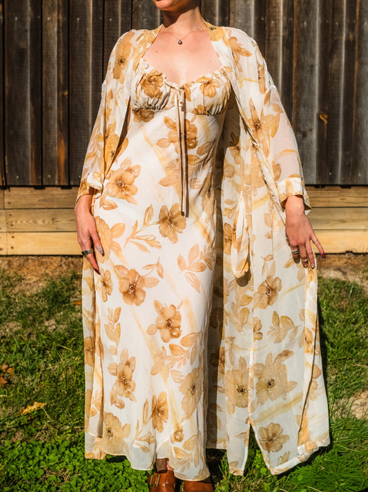 Vintage 1990s Rare Victoria's Secret Floral 100% Silk Two-Piece Slip & Robe Set | Medium