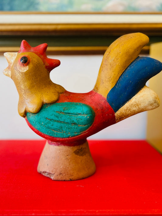 Vintage Folk Art Painted Terracotta Chicken Satue