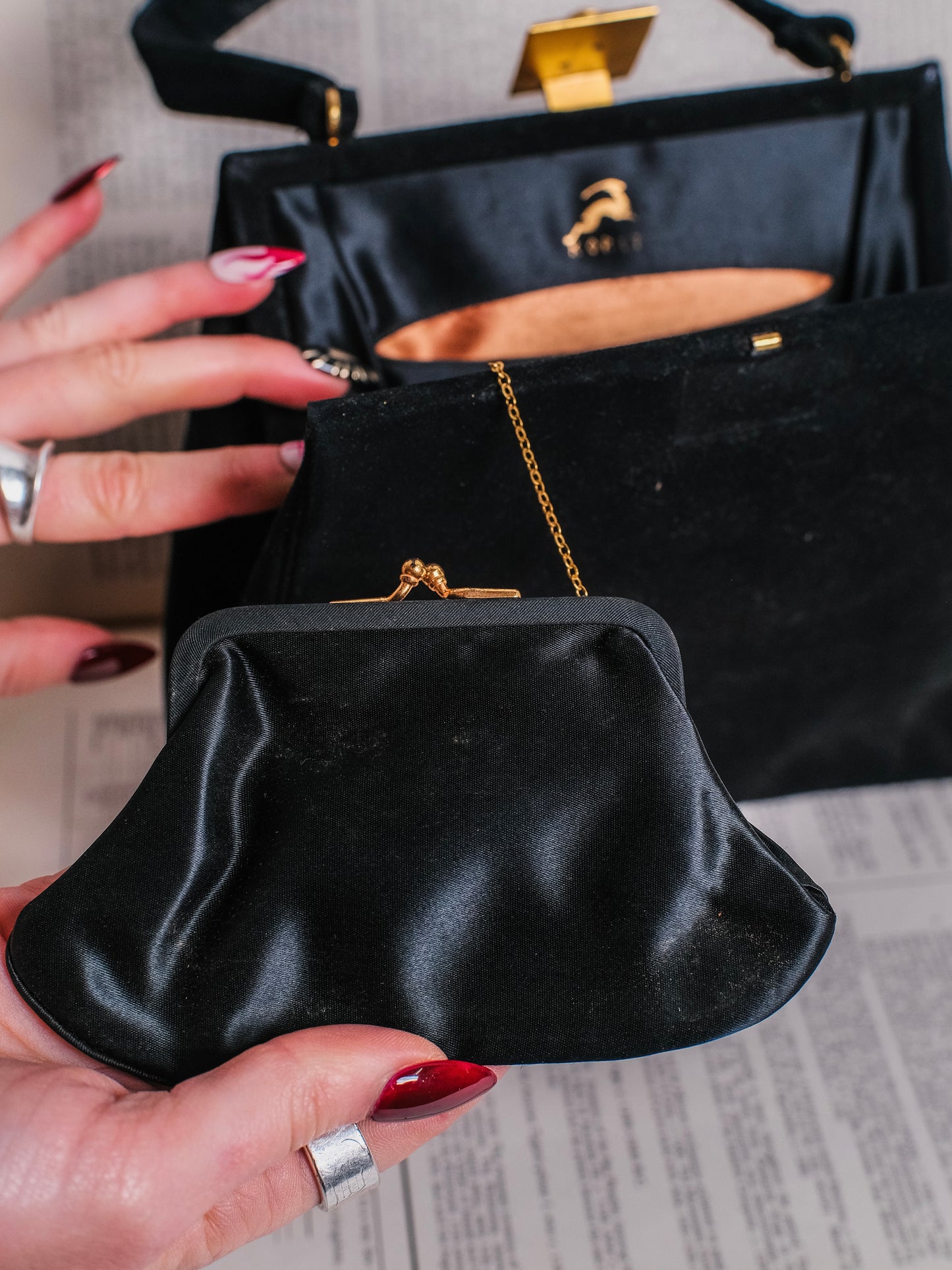 Vintage 1940s Koret Black “Koretolope” Kid Suede Gold Acorn Handbag