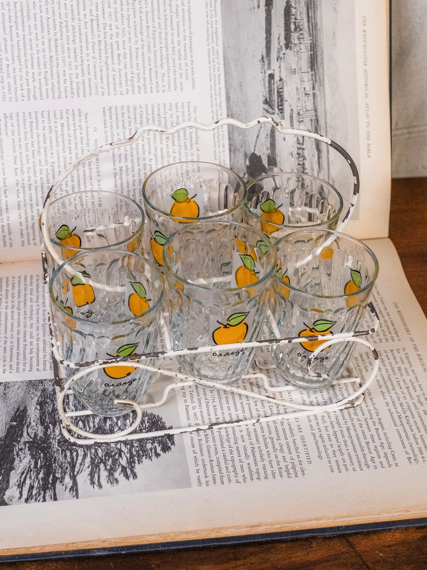 Vintage 1970s Firna Indonesia “Orange” Juice Glasses w/ Caddy | Set of 6
