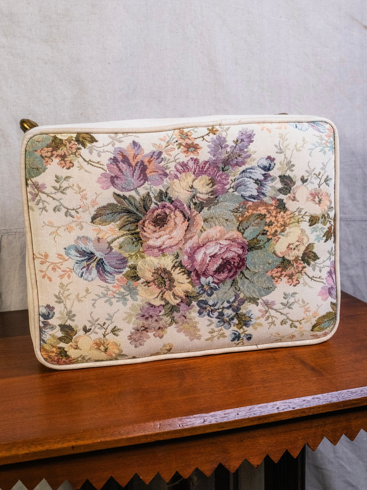 Vintage 1950s Brass Footed Floral Tapestry Footstool