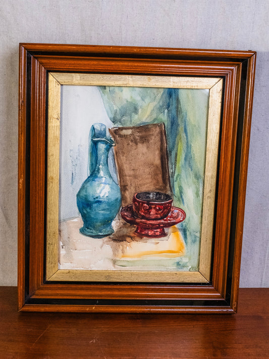 Vintage 1950s Framed "Vase & Teacup" Still Life Watercolor Artwork