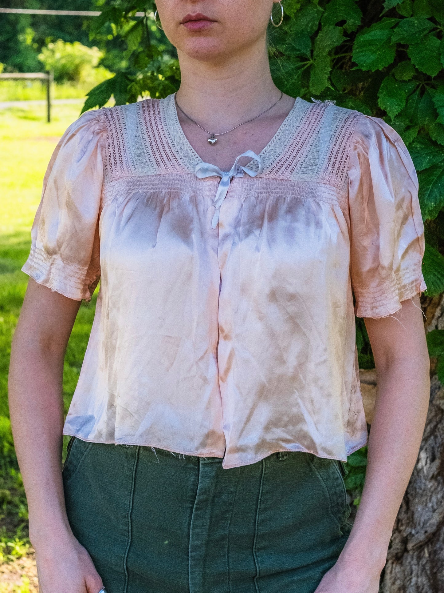 Vintage 1930s/40s Pink Satin Lace Trim Bed Jacket | Small