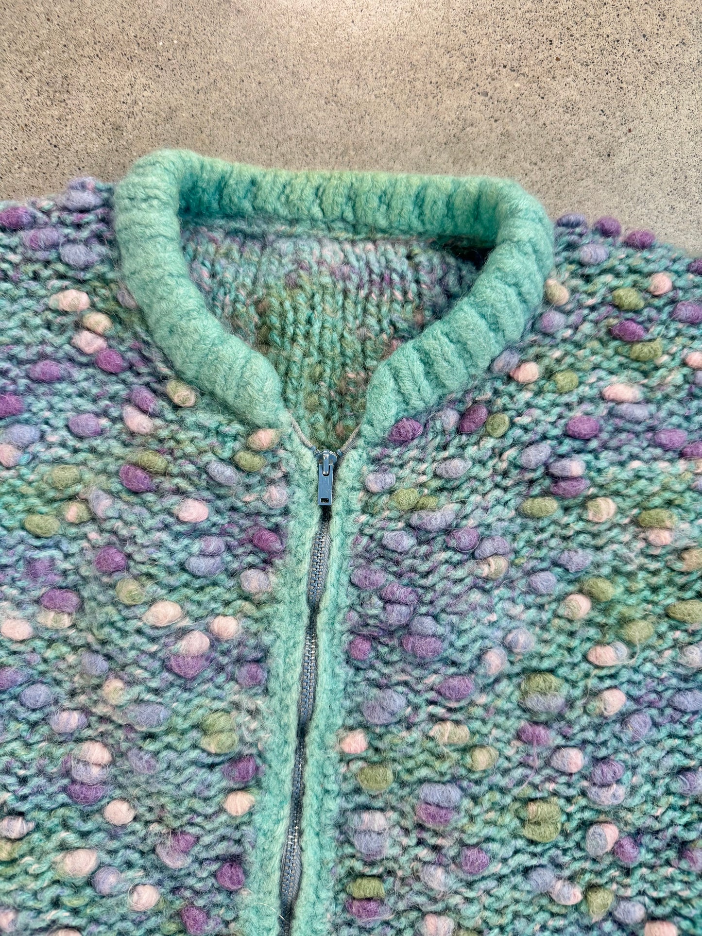 Vintage 1980s Handmade Multi-Color Bobble Knit Zip-Up Sweater | L/XL