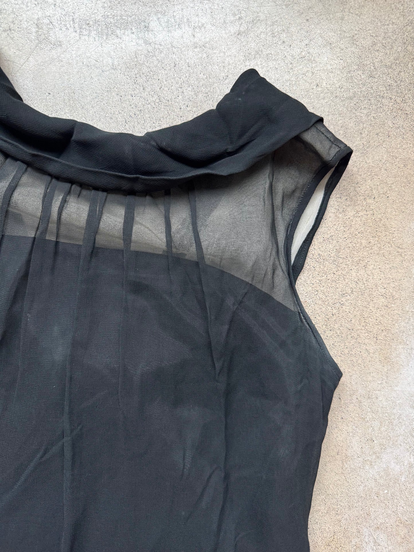 Vintage 1960s R&K Originals Black Sheer High-Neck Pleated Bow-Back Formal Sheath Dress | S/M
