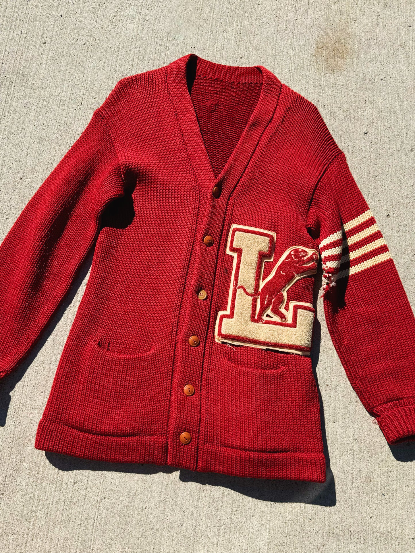 Vintage 1940s Red Letterman Knit Cardigan Sweater | S/M