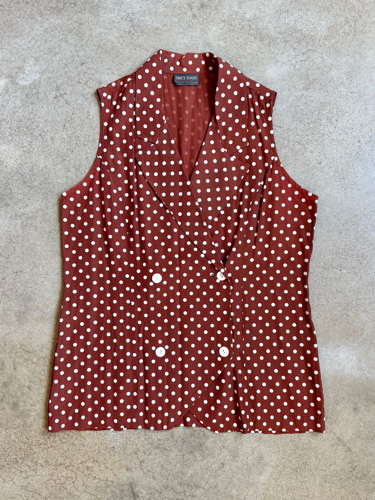 Vintage Tracy Evans Brown & White Polka Dot Sleeveless Blouse | Large